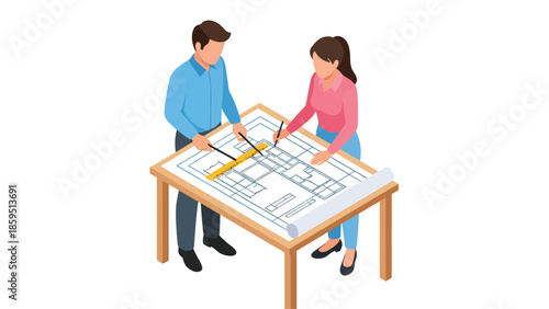 Architects Collaborating on Building Design Blueprint in Office Setting