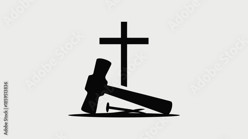 A silhouette of a Christian cross stands behind a hammer and two nails on a white background