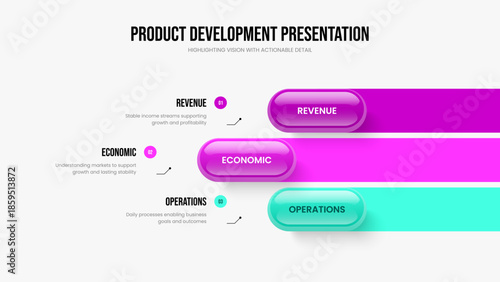 Product Review 3 Step Diagram Slideshow Design. Sales Development Slide Template Vector Illustration. Service Showcase Three Element Infographic Presentation Layout.