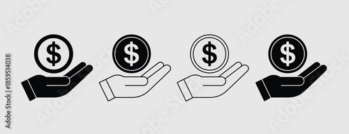 Money in hand icons set, save money sign, cash, loan, coin, dollar, saving, budget, earning money, revenue symbol, hands holding dollar coin, flat and line style, showing financial management, savings