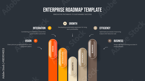 Financial Showcase Five Option Diagram Presentation Template. Professional Launch 5 Element Infographic Slide Design. Modern Briefing Slideshow Layout Vector Illustration.