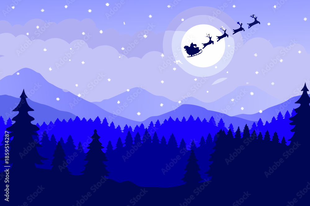 Fototapeta premium Santa claus and his reindeer fly across a winter night sky