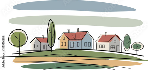 Minimalist Village Scene with Varied Houses Keywords: village, houses, trees, landscape, rural
