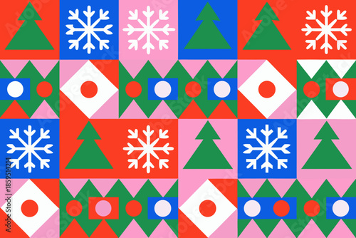 Colorful geometric pattern featuring christmas trees snowflakes and diamond shapes