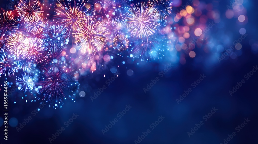 Fototapeta premium Golden fireworks of various shapes light up the night on the right, used for New Year's Eve celebrations and festive activities, serving as an advertising banner and social media promotional design.