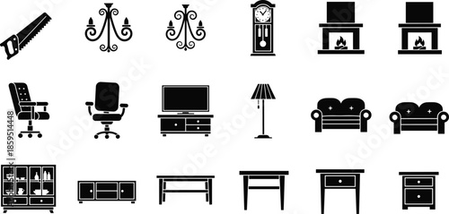 Black silhouette vector icons of household furniture, fixtures, and interior decor elements including chairs, sofas, tables, lamps, fireplaces, cabinets