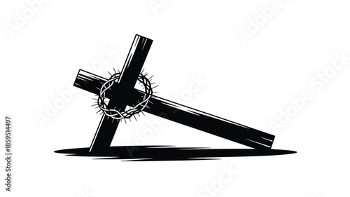 A striking black silhouette of a rugged Christian cross adorned with a crown of thorns lies on the ground