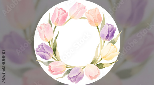 Soft halo frame of pastel tulips in a circular arrangement, hand-painted in realistic watercolor.