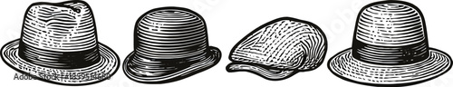 Set of black and white metal vector illustrations featuring isolated classic fashion accessories like the vintage bowler, felt fedora, and old cowboy hat for men
