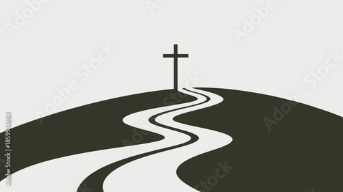 A winding road leads up a dark hill to a solitary cross against a light gray sky