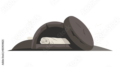 An empty rock tomb with its stone rolled away reveals a folded white shroud inside a cave