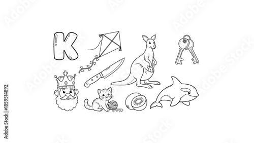 letter k alphabet coloring page with kangaroo kite king and killer whale