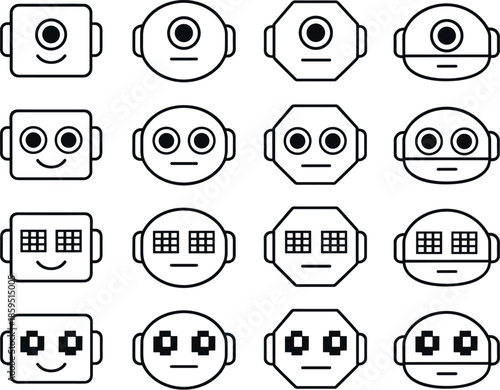 Robot Head Icons. Line style icons of robot avatar head: square head, round head, hex head, dome; mono eye, twin eye, grid eye,
