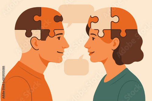 Two people facing each other, their heads depicted as jigsaw puzzles with speech bubbles above them symbolizing communication and understanding