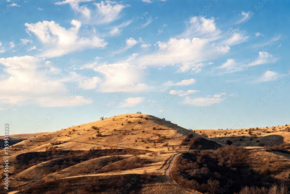 Naklejka premium A picturesque view of a gently rolling golden hill, lit by the sun, under a bright blue sky with light cirrus clouds. A beautiful rural landscape in warm tones, conveying the spaciousness and tranquil