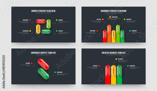 Project Innovation Four Five Two Three Option Diagram Frame Layout Vector Illustration Set. Financial Insight 4 5 2 3 Element Infographic Slide Design Bundle.