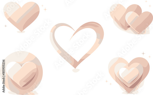 Minimalist Geometric Hearts. Abstract heart forms reduced to pure shapes and curves, modern flat vector illustration representing