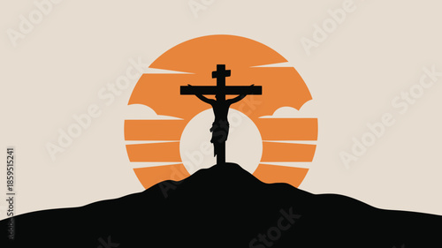 Dark silhouette of Jesus Christ on a cross atop a hill during a stylized orange sunset