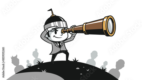 Cartoon Businessman with Telescope on Hilltop