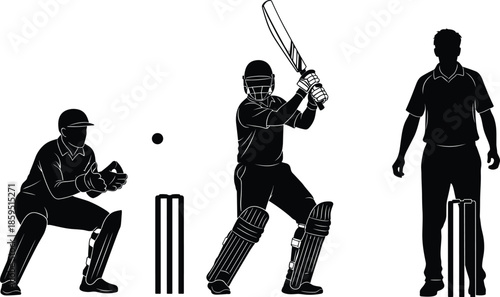 Cricket match silhouette, batsman wicketkeeper umpire vector, sports action illustration, competitive game moment, athletic pose clipart, team sport concept art