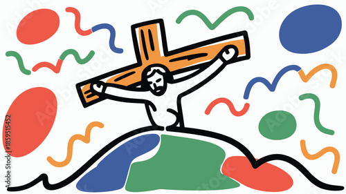Jesus on a cross with vibrant colors and fluid shapes against a bright white background