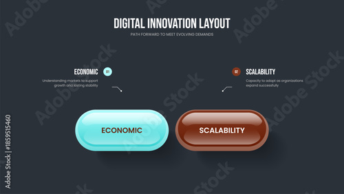 Visual Forecast 2 Element Infographic Slide Template. Corporate Briefing Frame Layout Vector Illustration. Project Profile Two Option Diagram Slideshow Design.