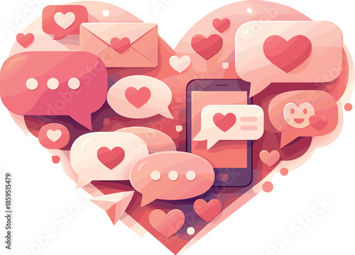 Love Messaging Symbols. Stylized messaging symbols merging into a heart-shaped visual rhythm, modern flat vector illustration