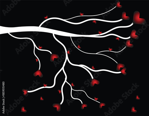 Abstract love tree with glowing red hearts and flowing branches on black background art, Romantic heart tree illustration with red glowing love symbols on dark abstract background