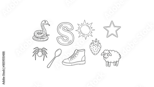 letter s alphabet coloring page with snake sun star strawberry and sheep