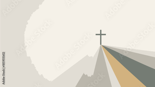 Peaceful illustration of a cross standing on a horizon, with muted colorful rays stretching towards it