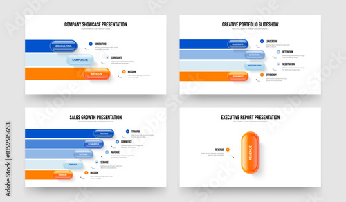 Enterprise Launch 3 4 5 1 Element Diagram Slideshow Template Collection. Product Solution Three Four Five One Step Infographic Presentation Layout Vector Illustration Set.