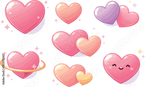 Minimalist Heart Emojis. Minimal emoji-inspired hearts with soft highlights and friendly curves, modern flat vector illustration