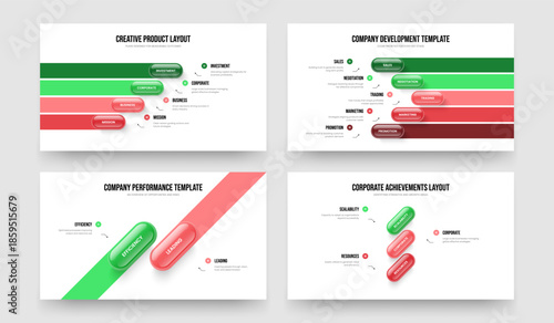 Advertising Launch 4 5 2 3 Option Diagram Slide Layout Set. Sales Innovation Four Five Two Three Step Infographic Presentation Template Vector Illustration Bundle.