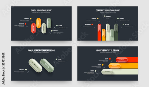 Financial Growth 4 5 2 3 Option Diagram Slideshow Template Bundle. Visual Analysis Four Five Two Three Step Infographic Slide Layout Vector Illustration Collection.