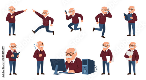 Set of an elderly man character in various poses and actions like pointing, running, talking on a phone, reading, and working at a computer.