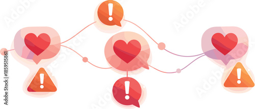 Love Notifications. Abstract alert symbols connected to floating hearts in a modern social flow, modern flat vector illustration