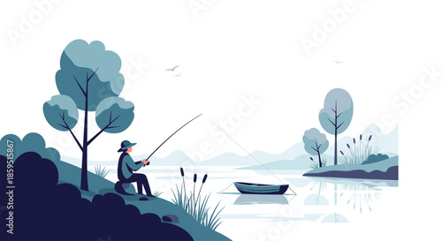 Quiet fisherman sits on the bank of a peaceful lake with a fishing rod while his small boat floats nearby in a serene monochrome blue landscape.