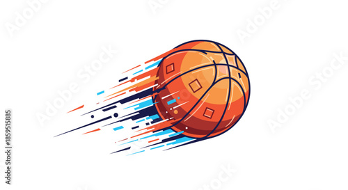 Vibrant orange basketball with dynamic motion lines and abstract shapes flying through the air, representing speed and athletic performance.