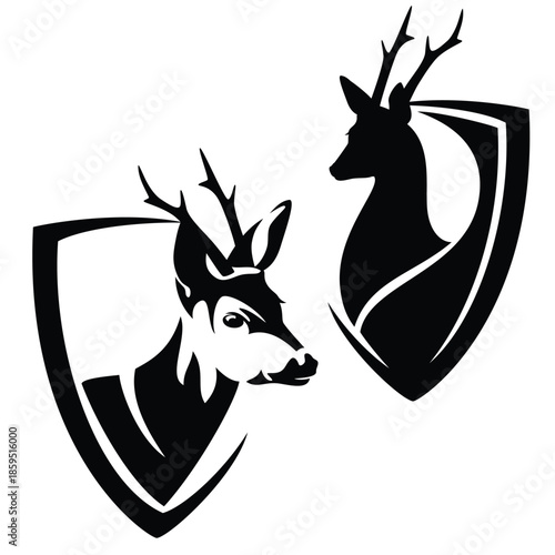 modern style heraldic shield with wild roe deer head for wildlife conservation emblem - black and white vector coat of arms design