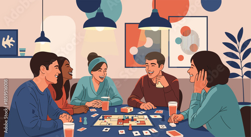 Group of cheerful young friends gather around a table in a cozy home setting to enjoy playing an engaging board game with drinks and snacks.