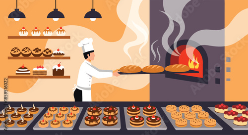 Professional baker in a white chef uniform carefully slides a tray of fresh loaves of bread into a traditional brick oven in a busy bakery shop.