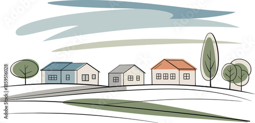 Simple Village Illustration with Blue and Grey Houses Keywords: village, houses, trees