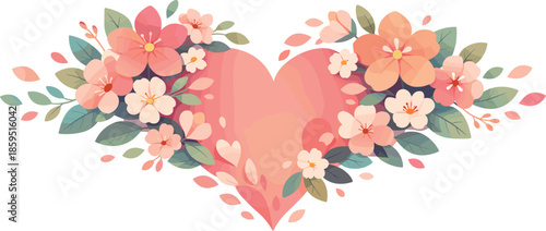 Romantic Floral Heart. Stylized blossoms and leaves flowing into a romantic heart composition, modern flat vector illustration