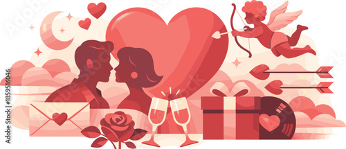 Retro Valentine Aesthetic. Classic Valentine aesthetics expressed through bold shapes and soft nostalgia, modern flat vector