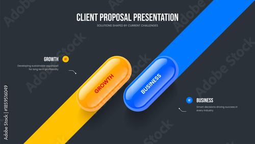Investor Growth 2 Step Diagram Frame Template. Market Solution Two Option Infographic Presentation Layout. Product Campaign Slideshow Design Vector Illustration.