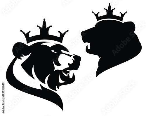 royal bear head wearing crown - king animal black and white vector portrait outline and silhouette