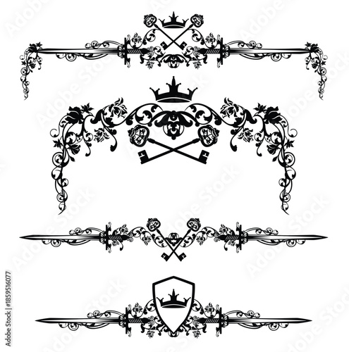 fantasy medieval style crossed skeleton keys, royal crown, sword, shield and rose flowers black and white vector calligraphic page decor design set