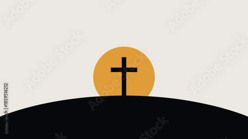 Silhouette of a Christian cross standing prominently on a dark hill with a large orange sun directly behind it