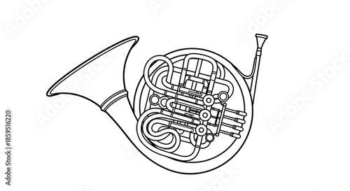 Detailed line drawing of a french horn musical instrument with its complex tubing and valves, perfect for music education and art projects.