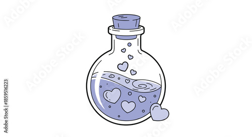 Cute glass potion bottle filled with sparkling purple liquid and floating heart shapes, representing a magical love potion or elixir.